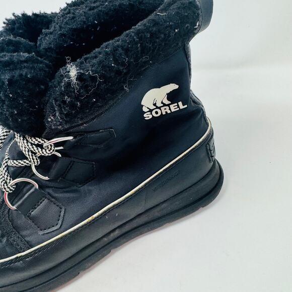 Sorel Black Winter Snow Boots Size 7.5 Lace Up Faux Fur Lined Waterproof - Picture 3 of 14